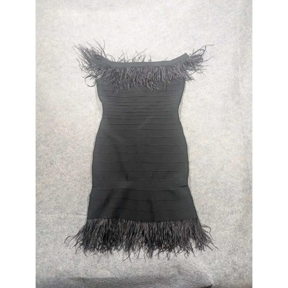 Elliatt Womens Off Shoulder Feather Trim Bodycon Dress Small Black Cocktail - Picture 3 of 12